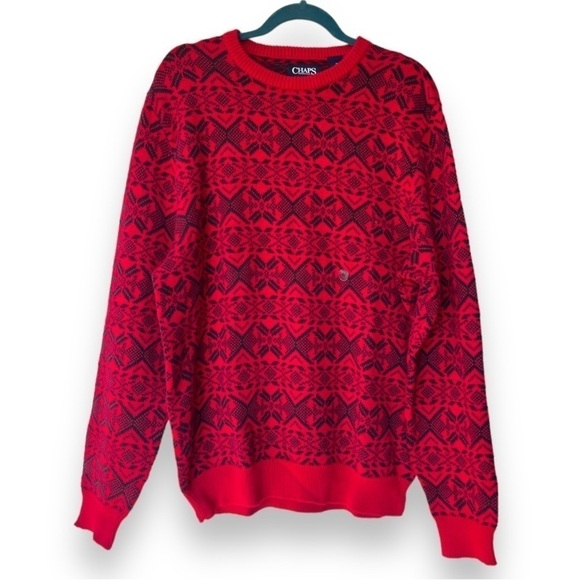 Chaps Red/Black Nordic Snowflake Print 100% Cotton Crew Neck Mens Sweater - Picture 1 of 6